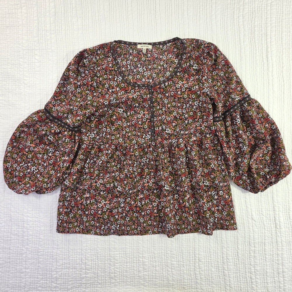Max Studio Floral Blouse Women Medium Multi EUC Balloon Sleeve Boho Top